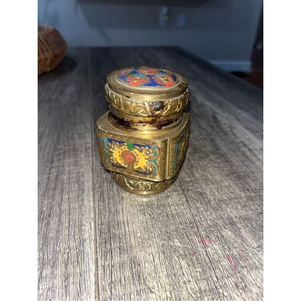 Antique Chinese Brass Tea Jar Caddy Enameled Relief Market Scent Jar